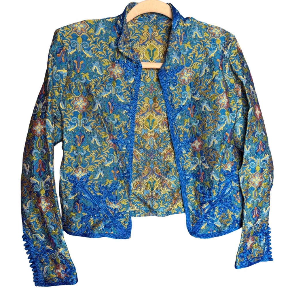 Vintage Blue Gold Jacquard Cropped Bolero Tapestry Jacket Trim Open Front